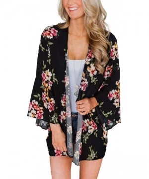 Cover-Ups Women's Floral Print Sheer Chiffon Cardigan Batwing Sleeve Loose Shawl Beach Coverup - Black Flower 8880 - CQ199N95AUG