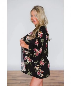 Cover-Ups Women's Floral Print Sheer Chiffon Cardigan Batwing Sleeve Loose Shawl Beach Coverup - Black Flower 8880 - CQ199N95AUG