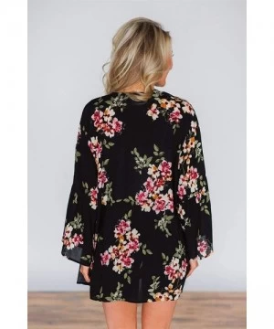 Cover-Ups Women's Floral Print Sheer Chiffon Cardigan Batwing Sleeve Loose Shawl Beach Coverup - Black Flower 8880 - CQ199N95AUG