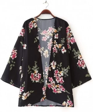 Cover-Ups Women's Floral Print Sheer Chiffon Cardigan Batwing Sleeve Loose Shawl Beach Coverup - Black Flower 8880 - CQ199N95AUG