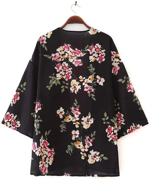 Cover-Ups Women's Floral Print Sheer Chiffon Cardigan Batwing Sleeve Loose Shawl Beach Coverup - Black Flower 8880 - CQ199N95AUG