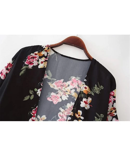 Cover-Ups Women's Floral Print Sheer Chiffon Cardigan Batwing Sleeve Loose Shawl Beach Coverup - Black Flower 8880 - CQ199N95AUG