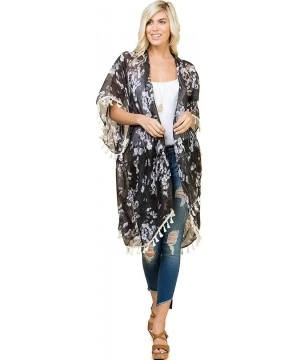 Cover-Ups Lightweight Sheer Open Shawl Cardigan - Kimono Kaftan Poncho- Versatile Beach Swim Cover-Up Vest Floral Tassel- Lea...