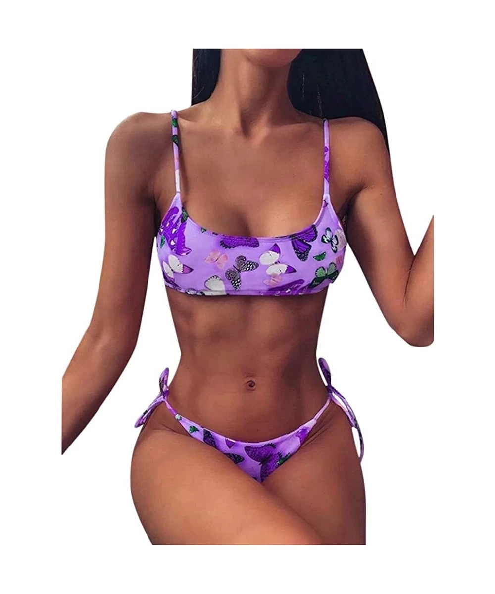 Sets Butterfly Print Bikini for Women- Strappy Two Pieces Swimwear High Waist Swimsuit Sexy - Purple - CQ190ZOLAXS