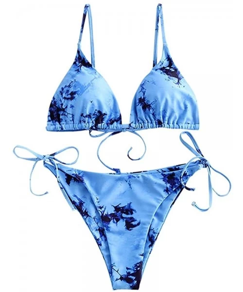 Sets Women's Tie Dye Cinched Lace Up Triangle String Bikini Set Three Piece Swimsuit - 2-piece Blue02 - CM190Z4AEU3