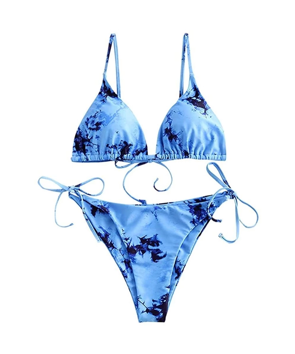 Sets Women's Tie Dye Cinched Lace Up Triangle String Bikini Set Three Piece Swimsuit - 2-piece Blue02 - CM190Z4AEU3