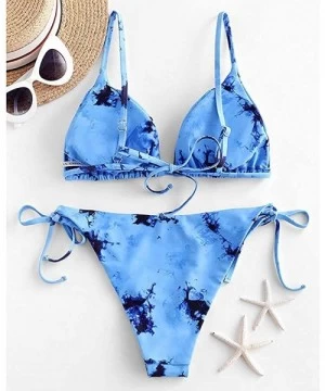 Sets Women's Tie Dye Cinched Lace Up Triangle String Bikini Set Three Piece Swimsuit - 2-piece Blue02 - CM190Z4AEU3