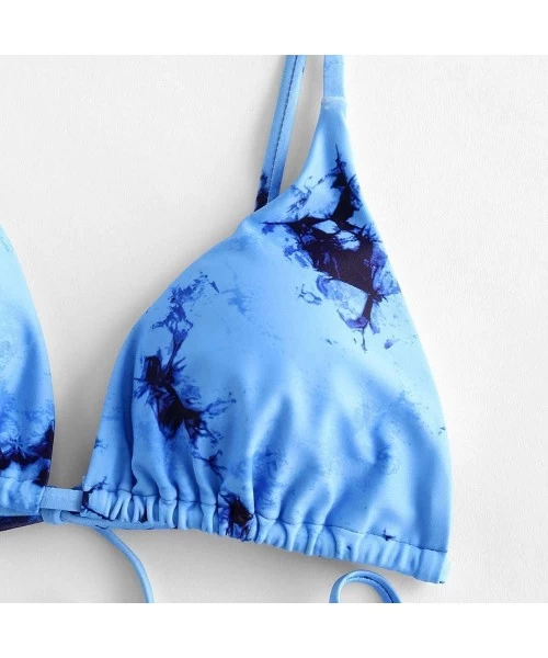 Sets Women's Tie Dye Cinched Lace Up Triangle String Bikini Set Three Piece Swimsuit - 2-piece Blue02 - CM190Z4AEU3