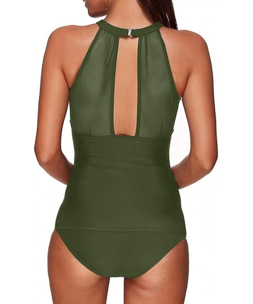 Racing Women Two Piece Swimsuit High Neck Plunge Mesh Ruched Tankini Swimwear Black - Green - CJ198RKS3MM