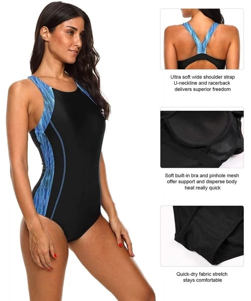 Racing Women Athletic one Piece Swimsuit Sport Competitive Swimwear - Blue - C018YC5IT0Y