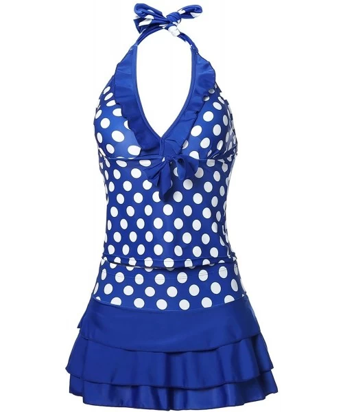 One-Pieces Women's Polka Dot Halter Push up Slim Tankini Padded Swimsuit - Deep Blue - CA11ZBJ0HXH