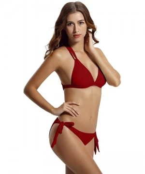 Sets Women's Tie Side Bottom Criss Cross Triangle Bikini Bathing Suits - Dark Red - CQ1820E8LLU