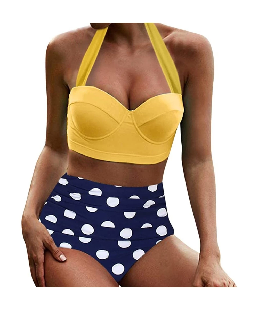 Cover-Ups Women's High Waist Bikini Swimwear Women's Vintage Print Beachwear Bikini Set Swimwear - C3-yellow - CL196LZUM3E