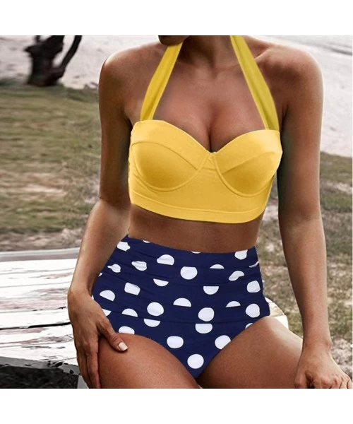 Cover-Ups Women's High Waist Bikini Swimwear Women's Vintage Print Beachwear Bikini Set Swimwear - C3-yellow - CL196LZUM3E