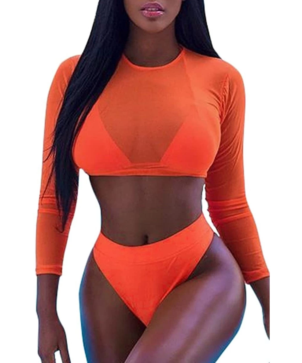 Sets Womens Sexy High Waist Rash Guard Swimwear Long Sleeve 3PCS Swimsuit - Orange - C2183KHRG98