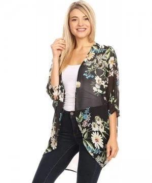 Cover-Ups Women's Solid Floral Print Casual Comfy Kimono Sleeve Open Front Cardigan Capes Plussize - Hcd00461 Floral Black - ...