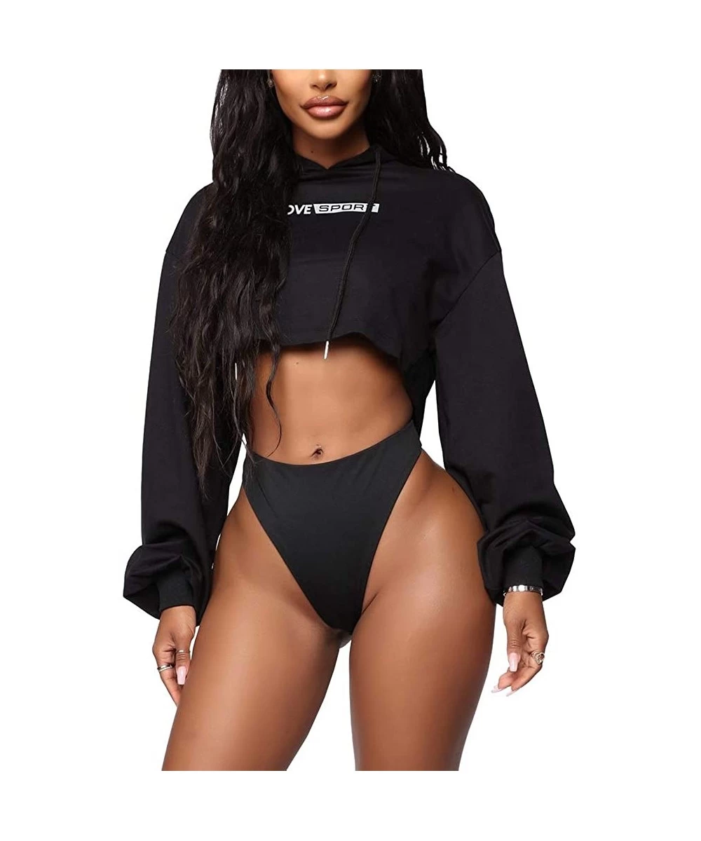 Cover-Ups Women's Long Sleeve See-Through Sheer Mesh Crop Tops Buckle Summer Top Cover Ups - Crop Top Hoodie_black - CS18WRSTDS0