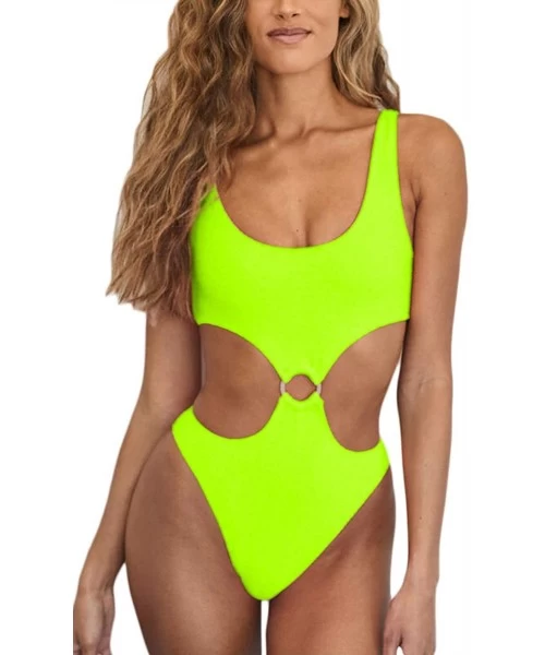 One-Pieces Womens Sexy High Waist One Piece Swimsuit Tummy Control Swimwear - Lemon Green - CC1943OY8KT