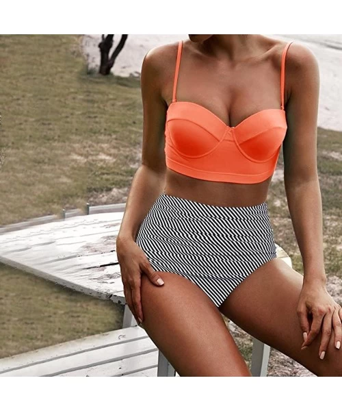 Sets 2020 Women High Waist Bikinis Swimwear Sling Ethnic Swimsuit Female Retro Beachewear Bikini Set - Orange - CV195M8INL2