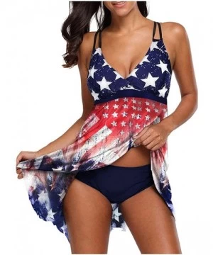 Racing Women's American Flag Swimsuits 4th of July Tankini Two Pieces Swimwear Beachwear Dress - Stars - CZ190C5WQ99