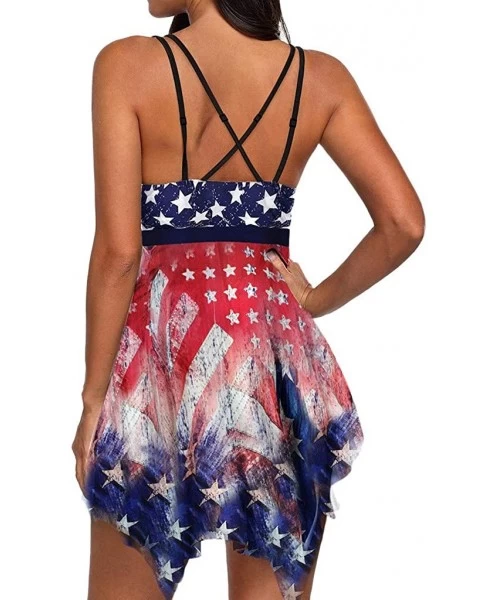 Racing Women's American Flag Swimsuits 4th of July Tankini Two Pieces Swimwear Beachwear Dress - Stars - CZ190C5WQ99