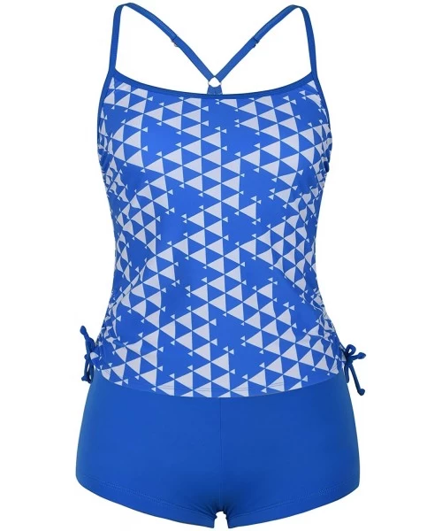 Board Shorts Women's Two Piece Tankini Geometic Print Swimsuit with Solid Boyleg Bottom - Blue - CF18DYKMKSC