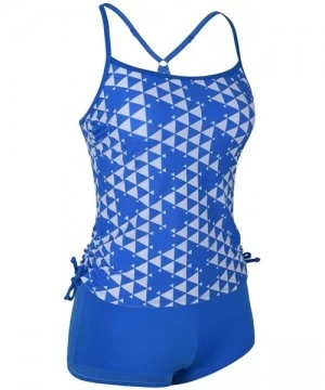 Board Shorts Women's Two Piece Tankini Geometic Print Swimsuit with Solid Boyleg Bottom - Blue - CF18DYKMKSC