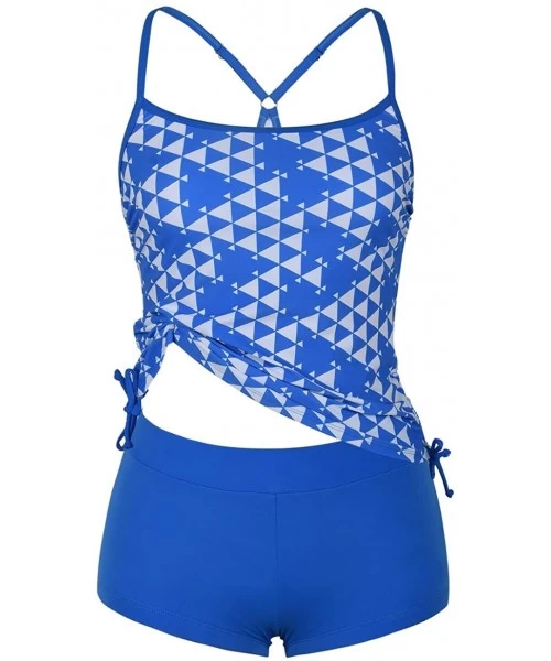 Board Shorts Women's Two Piece Tankini Geometic Print Swimsuit with Solid Boyleg Bottom - Blue - CF18DYKMKSC