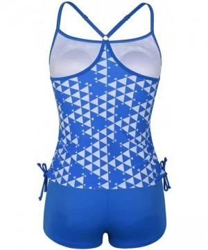 Board Shorts Women's Two Piece Tankini Geometic Print Swimsuit with Solid Boyleg Bottom - Blue - CF18DYKMKSC