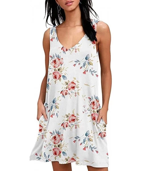 Cover-Ups Summer Dresses for Women-Womens Dresses Summer Sleeveless Sundress Floral Casual Party Mini Dress White - CC196ANOK2M