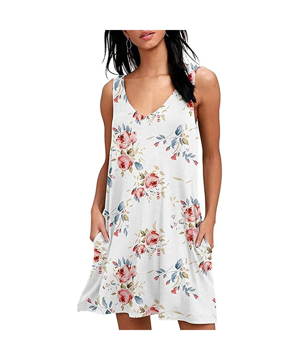 Cover-Ups Summer Dresses for Women-Womens Dresses Summer Sleeveless Sundress Floral Casual Party Mini Dress White - CC196ANOK2M