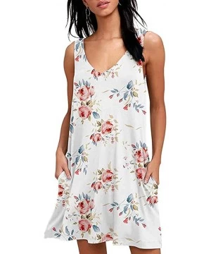 Cover-Ups Summer Dresses for Women-Womens Dresses Summer Sleeveless Sundress Floral Casual Party Mini Dress White - CC196ANOK2M