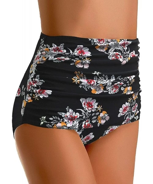 Bottoms Women's High Waist Ruched Bikini Bottom Solid Swim Shorts Tankini Brief - D Black Print - C2190KHUXA2