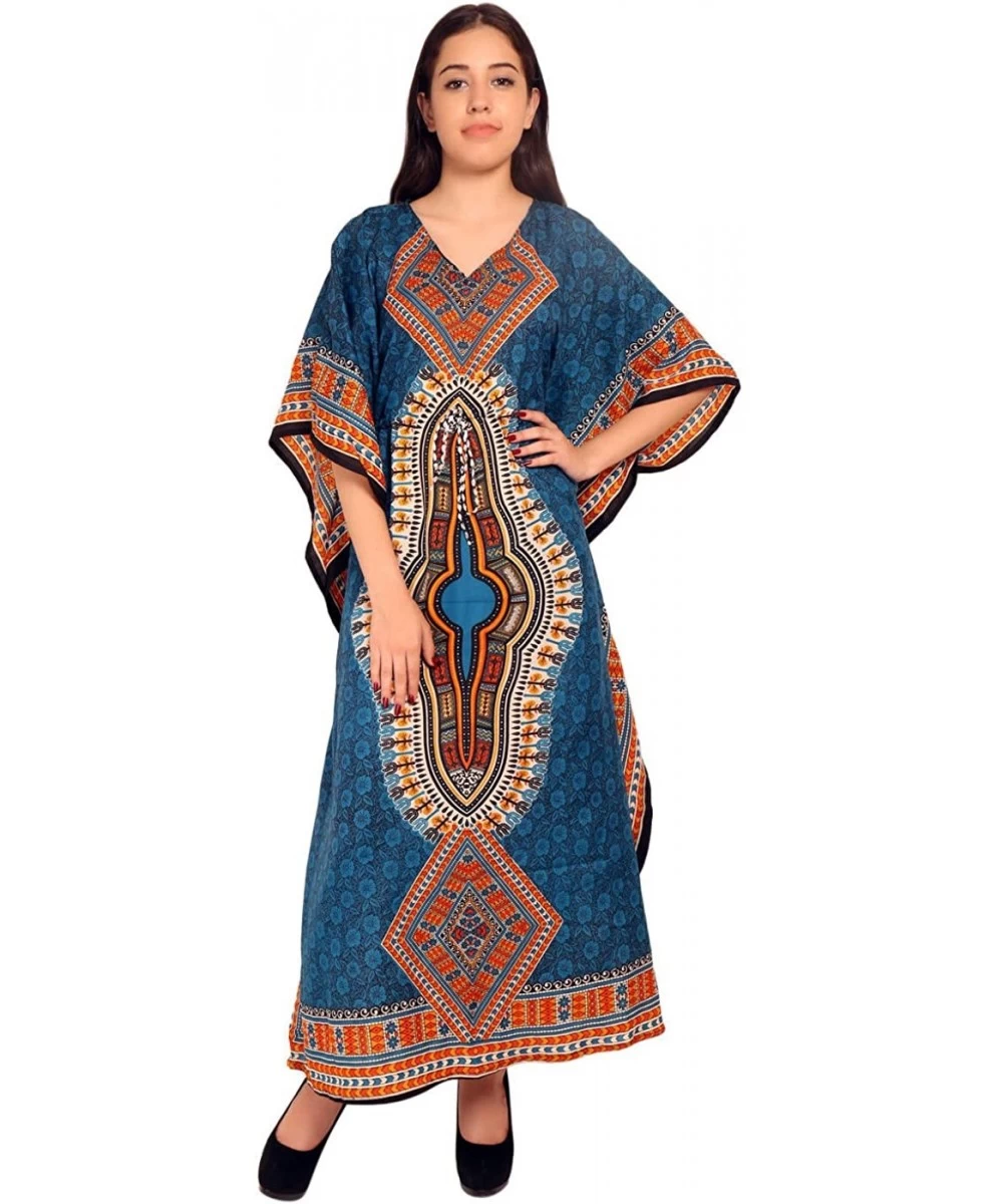 Cover-Ups Women Beach Caftan Kaftan Lounge Wear Hippy Boho Maxi Kimono Sleeve Long Dress - Blue - CY18CHEEO4W