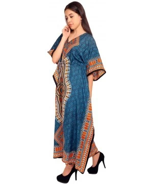 Cover-Ups Women Beach Caftan Kaftan Lounge Wear Hippy Boho Maxi Kimono Sleeve Long Dress - Blue - CY18CHEEO4W