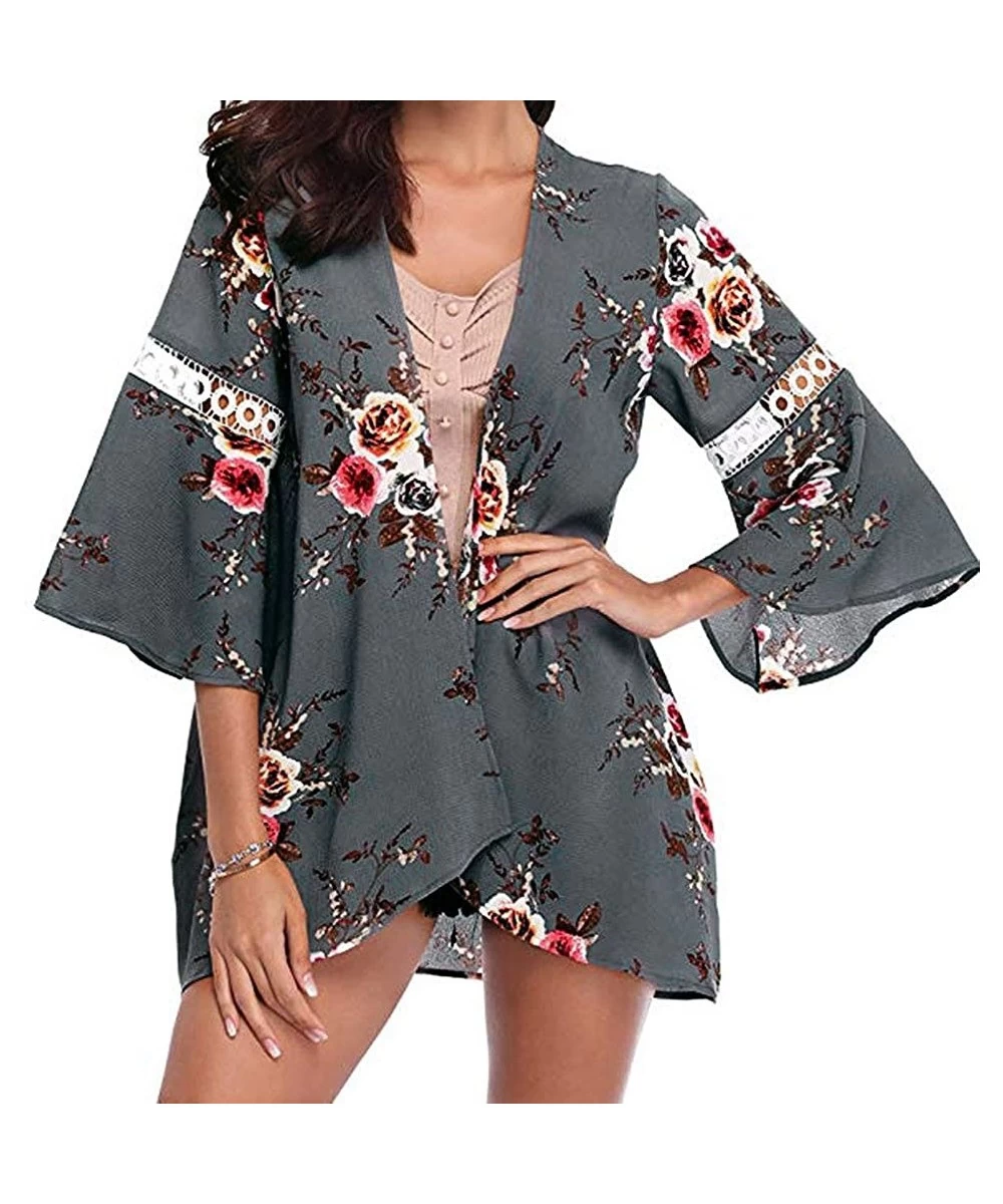 Cover-Ups Women Beachwear Cover Up Casual Long Sleeve Floral Print Chiffon Kimono Cardigan Summer Swimsuit Blouse Tops (M Zzz...