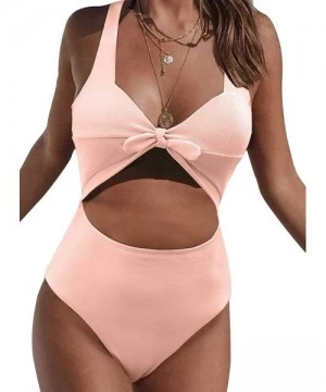 Tops Women's Floral Print Padded Halter Cutout High Waist One Piece Swimsuit - Knot Pink - CA196RIR8HK