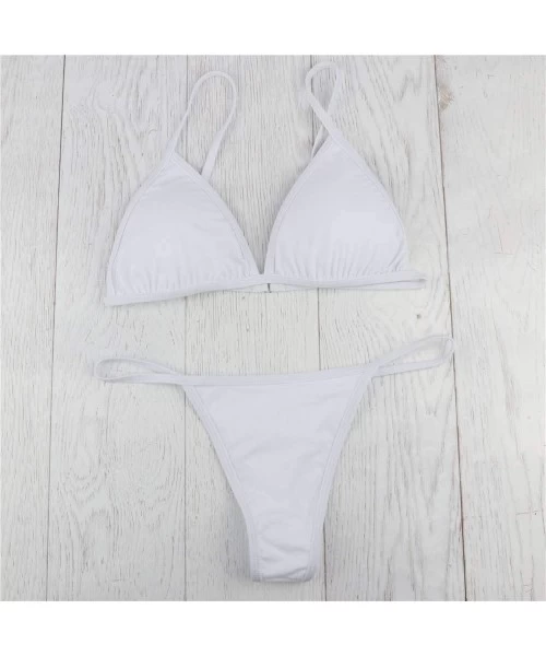 Sets New Solid Sexy Bikini Set for Women Summer Tie Side Thong Bandage 2 Piece Swimsuit Beachwear Low Waist Biquini White - C...