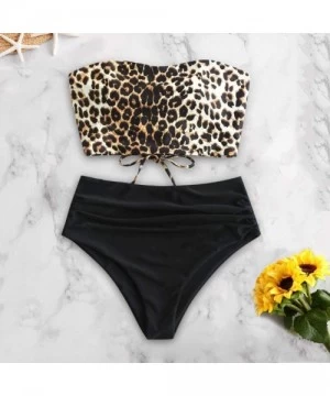 Cover-Ups Women Lace Up Back High Waisted Ruced Wide Leopard Printed Bandeau Bikini Set Two Piece Bathing Suit Swimsuit Brown...