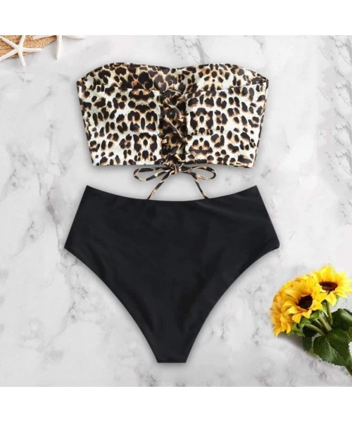 Cover-Ups Women Lace Up Back High Waisted Ruced Wide Leopard Printed Bandeau Bikini Set Two Piece Bathing Suit Swimsuit Brown...