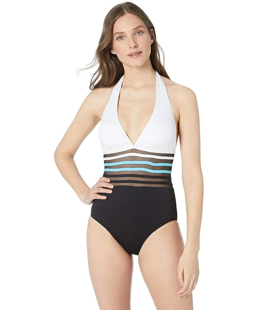 One-Pieces Women's Classic Halter Mesh Inset One Piece Swimsuit - Black/Blue - CP18NGX823R