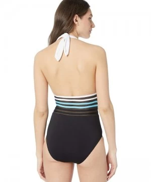 One-Pieces Women's Classic Halter Mesh Inset One Piece Swimsuit - Black/Blue - CP18NGX823R