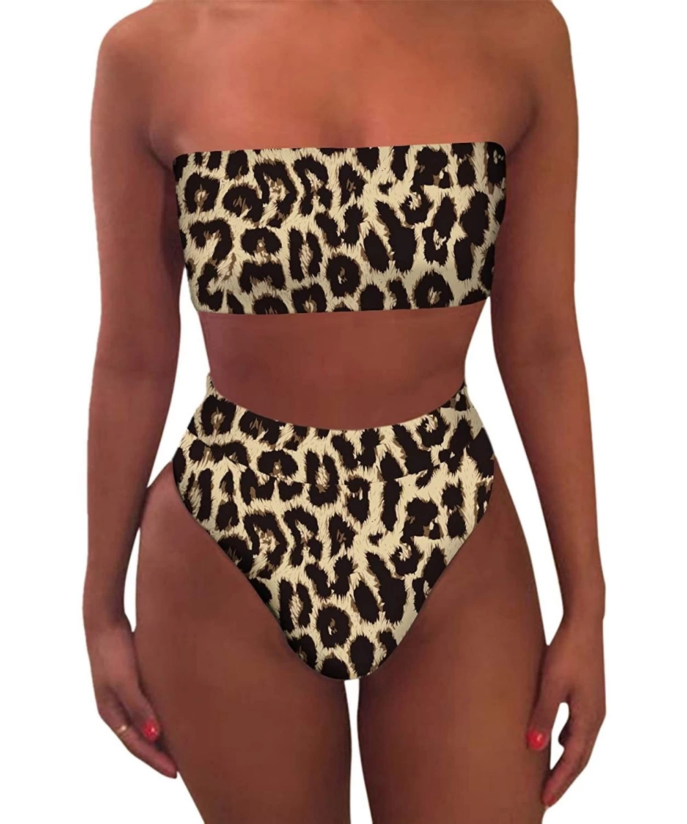 Sets Women's 2 Piece Bandeau Cheeky High Waisted Bikini Swimsuits - Leopard Print - C118TRALQY4