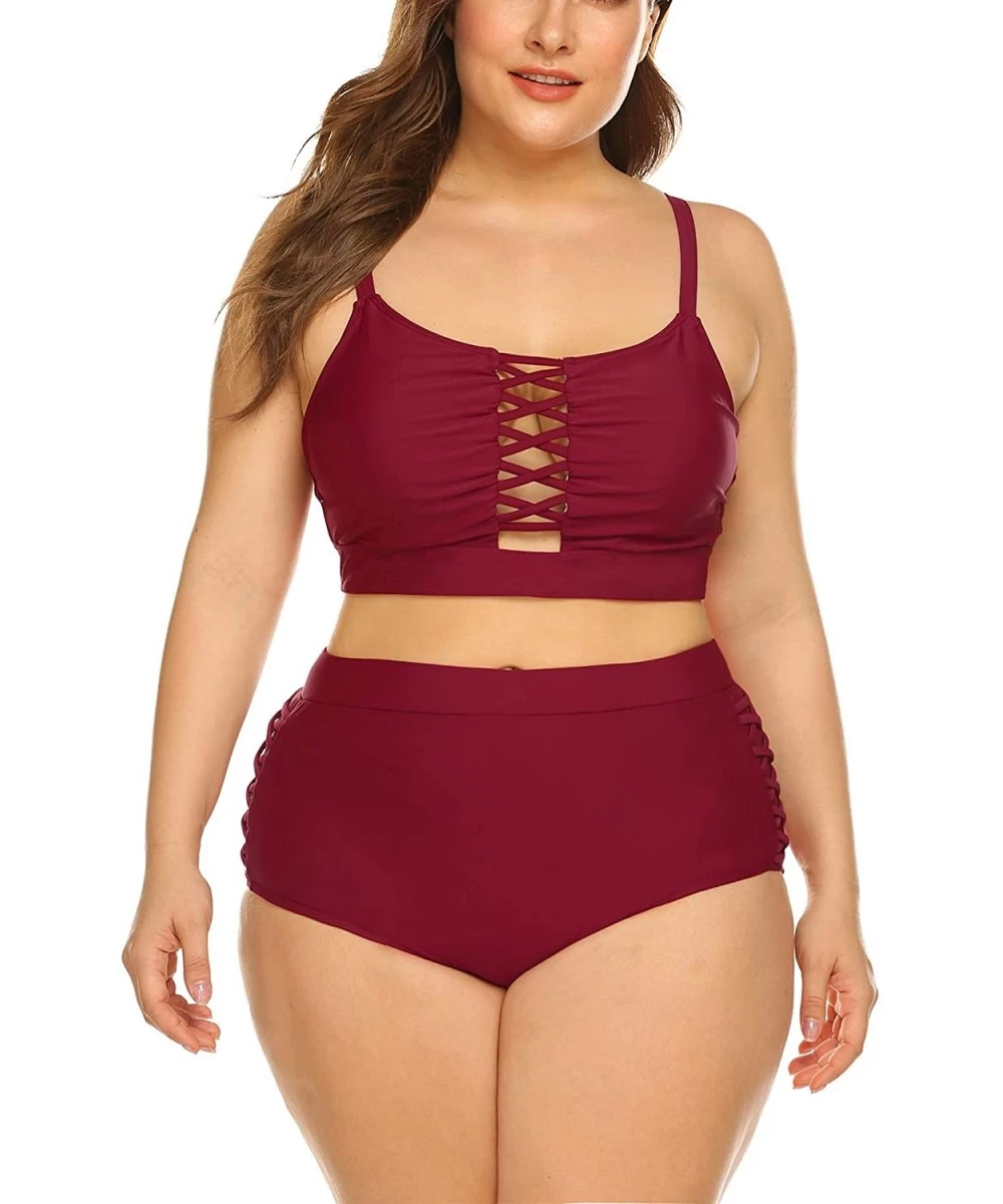 Sets Women Plus Size Swimsuit High Waisted Hollow Out Two Pieces Sexy Bikini Bathing Suit Swimwear - Wine-red - CL18OAN63ZR