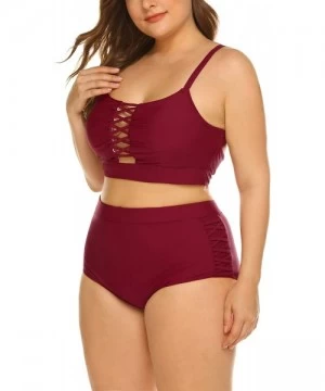 Sets Women Plus Size Swimsuit High Waisted Hollow Out Two Pieces Sexy Bikini Bathing Suit Swimwear - Wine-red - CL18OAN63ZR