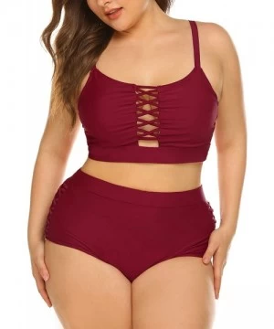 Sets Women Plus Size Swimsuit High Waisted Hollow Out Two Pieces Sexy Bikini Bathing Suit Swimwear - Wine-red - CL18OAN63ZR