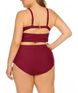 Sets Women Plus Size Swimsuit High Waisted Hollow Out Two Pieces Sexy Bikini Bathing Suit Swimwear - Wine-red - CL18OAN63ZR