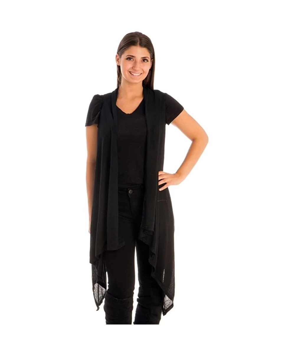 Cover-Ups Womens Fashion Open Front Long Jersey Vest in Solid Color Cover-UPS - Black - C212IRFAM85