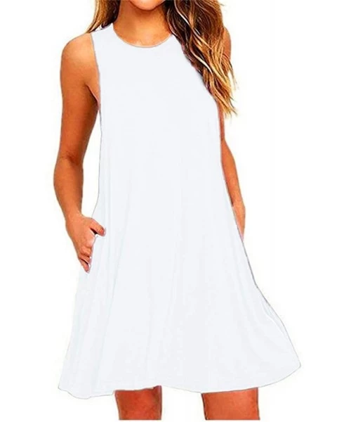 Cover-Ups Women's Sleeveless Casual T Shirt Dress Beach Cover Up Tank Dresses with Pockets - White - CY190RKX45U