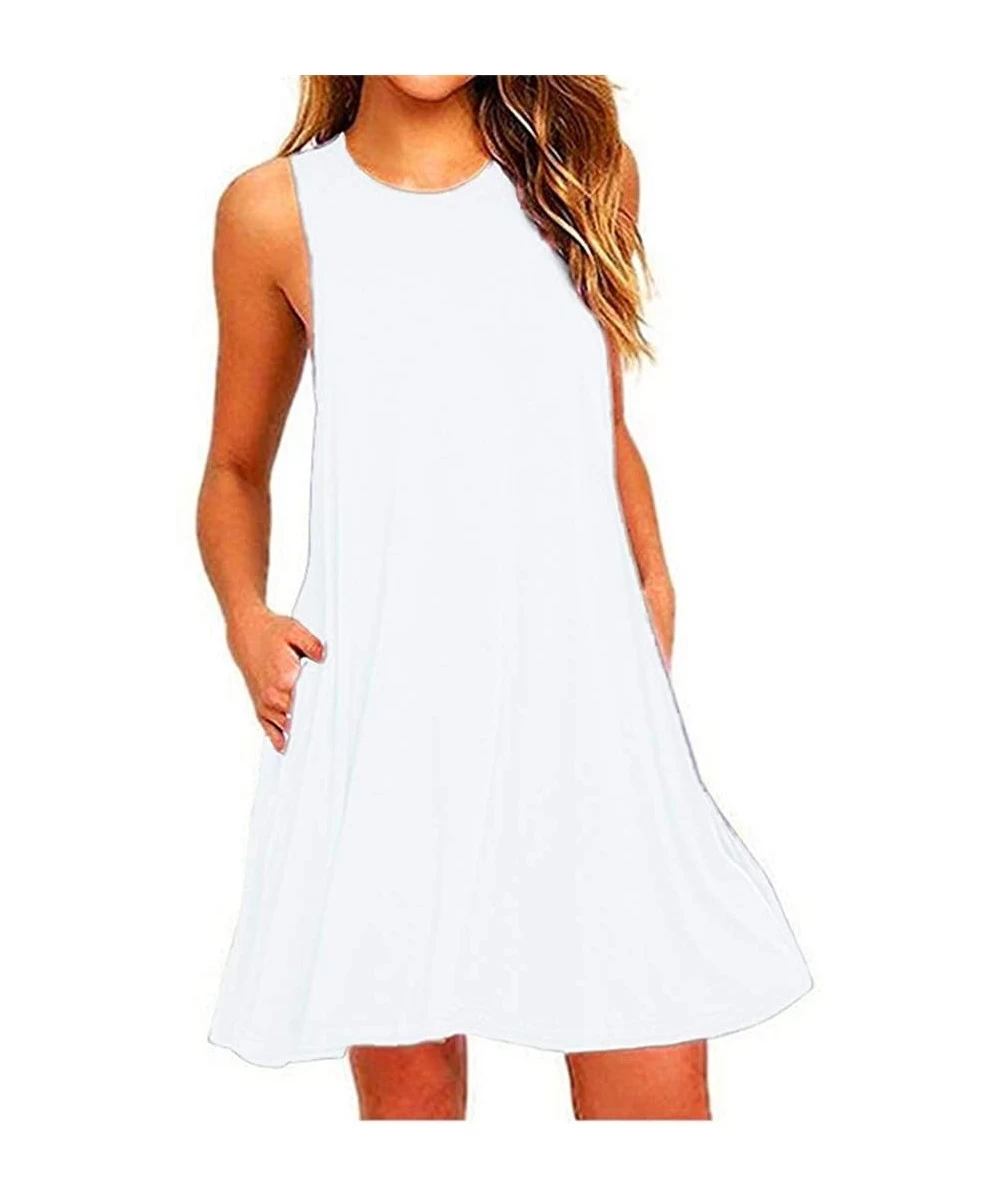 Cover-Ups Women's Sleeveless Casual T Shirt Dress Beach Cover Up Tank Dresses with Pockets - White - CY190RKX45U